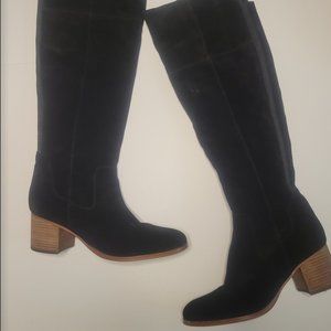 Marc Fisher Elaine Black Over the Knee Stacked Heel Tall Suede Boots | US Size 9